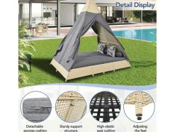 Hemel Tuinbed 2 Tot 4 Plaatsen - Beige Rotan En Grijs Deurgordijn - Inclusief Kussens - Voor Buiten