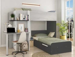 Hoekstapelbed 2 X 90 X 190 Cm - Met Bureau - Grijs, Wit En Zwart - Samuel