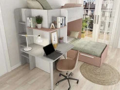 Hoekstapelbed 2 X 90 X 190 Cm - Met Bureau - Grijs, Wit En Roze + Matras - Samuel