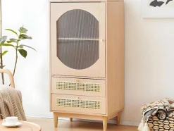 Hoog Dressoir Met 1 Transparante Acryldeur En 2 Rotan Lades - Landelijke Stijl - Naturel