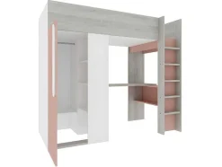 Hoogslaper - 90 X 200 Cm - Met Kast En Bureau - Roze En Wit - Nicolas