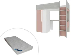 Hoogslaper - 90 X 200 Cm - Met Kast En Bureau - Roze En Wit + Matras -Nicolas