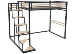 Hoogslaper 140 X 200 Cm - Metaal En Mdf - Zwart En Naturel + Matras - Jogui