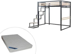 Hoogslaper 140 X 200 Cm - Metaal En Mdf - Zwart En Naturel + Matras - Jogui