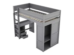 Hoogslaper 90 X 200 Cm Met Bureau + 2 Laden - Kledingkast Met Schuifdeur - Mdf Hout - Grijs
