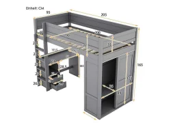 Hoogslaper 90 X 200 Cm Met Bureau + 2 Laden - Kledingkast Met Schuifdeur - Mdf Hout - Grijs