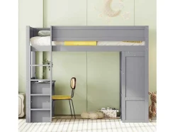 Hoogslaper 90 X 200 Cm Met Bureau + 2 Laden - Kledingkast Met Schuifdeur - Mdf Hout - Grijs