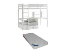 Hoogslaper 90 X 200 Cm Met Bureau, Slaapbank En Opbergruimte - Massief Grenen - Gebleekt + Matras - Goliath Iii