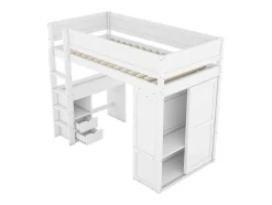 Hoogslaper 90 X 200 Cm Met Bureau + 2 Laden - Kledingkast Met Schuifdeur - Mdf Hout - Wit