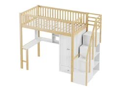 Hoogslaper 90 X 200 Cm Met Grote Kledingkast, Bureau, Boekenkast, Trap En Lades, Alles-In-Een, Mdf Hout, Wit + Eiken