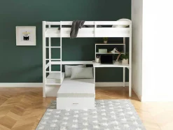 Hoogslaper Goliath Ii Met Bureau, Bedbank En Opbergruimte - 90 X 200 Cm - Massief Grenen - Gebleekt
