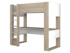 Hoogslaper Met Bureau En Opbergruimte - 90 X 200 Cm - Eik En Wit + Matras - Noah Ii