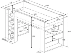 Hoogslaper Met Bureau En Opbergruimte - 90 X 200 Cm - Eik En Wit + Matras - Noah Ii