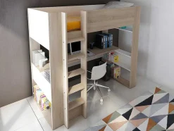 Hoogslaper Met Bureau En Opbergruimte - 90 X 200 Cm - Eik En Wit + Matras - Noah Ii