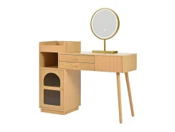 Kaptafel Met Spiegel En Led-Verlichting - 3 Lades En Een Zijkastje - Naturel (Kruk Niet Inbegrepen)