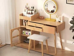 Kaptafel Met Spiegel En Led-Verlichting - 3 Lades En Een Zijkastje - Naturel (Kruk Niet Inbegrepen)