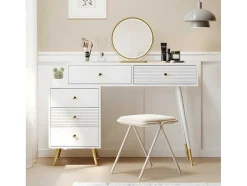Kaptafel Met Spiegel En Led-Verlichting - 2 Lades En Een Uitneembare Kast - Wit (Kruk Niet Inbegrepen)