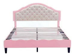 Kinderbed 140X200Cm Met Gewatteerde Rugleuning In Kunstleer - Lattenbodem - Roze