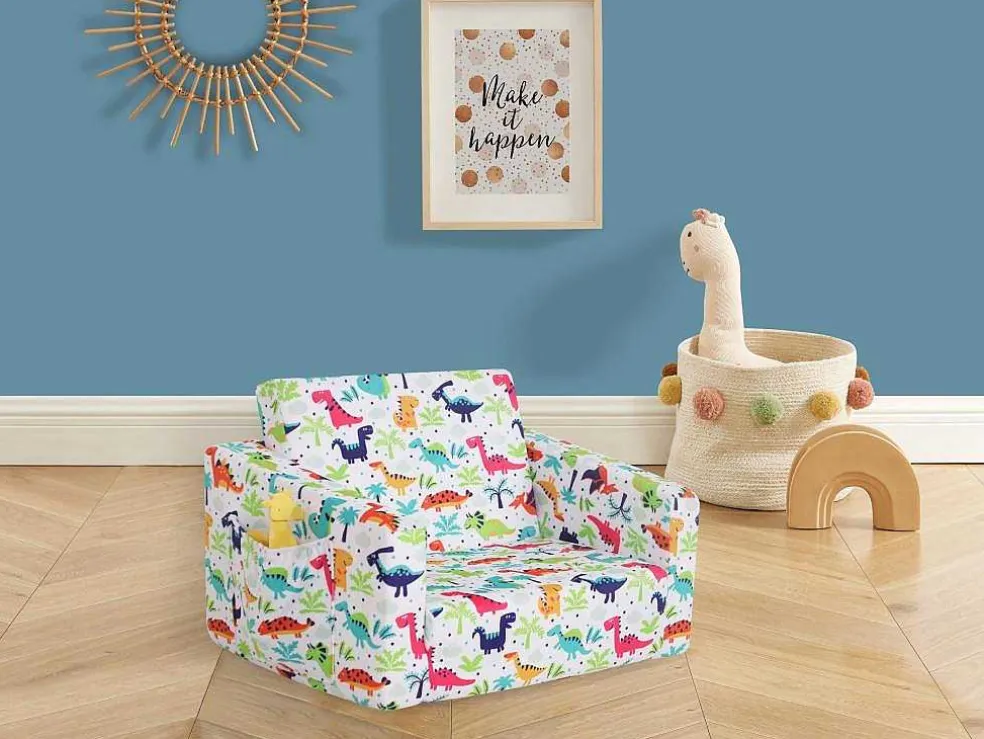 Kinderfauteuil Van Fluweel Met Dinosaurus Motieven - Wit - Almagro