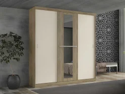 Kledingkast - 3 Schuifdeuren - Met Spiegel - L205Cm - Naturel En Beige - Didda Ii