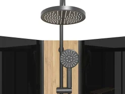 Kwartcirkelvormige Douchecabine Met Massagestralen En Paneel In Bamboe - Zwart - L90 X B90 X H225 Cm - Tiloma
