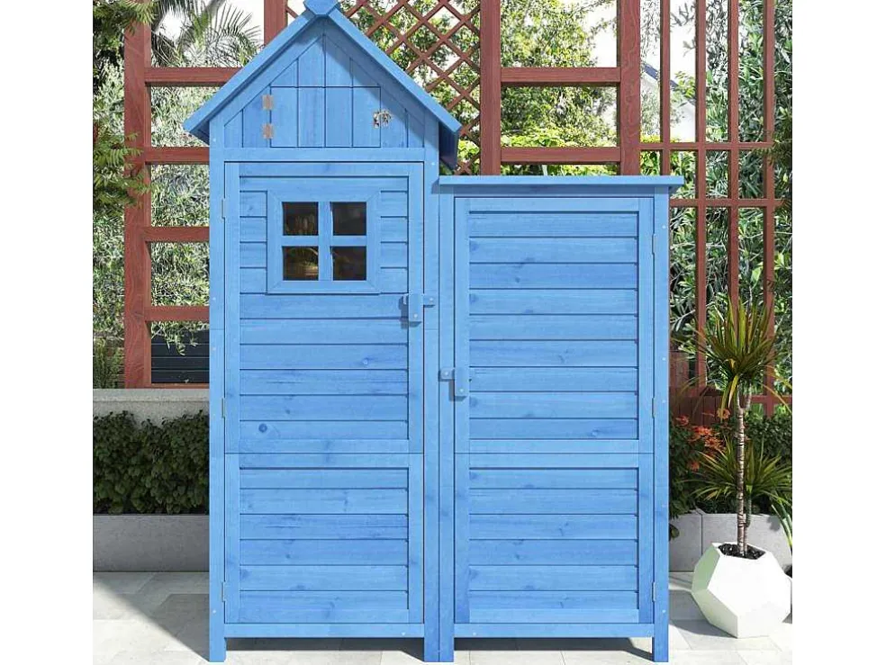 Massief Houten Tuinhuis Met Pvc Schuin Dak - 2 Planken 3 Klapdeuren - L118 X D54 X H173 Cm - Blauw