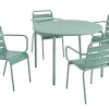 Metalen Tuinsalon Mirmande - Tafel D110 Cm + 4 Stapelbare Fauteuils - Amandelgroen