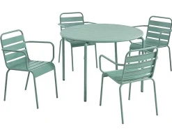 Metalen Tuinsalon Mirmande - Tafel D110 Cm + 4 Stapelbare Fauteuils - Amandelgroen
