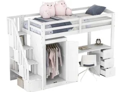 Mezzaninebed 90 X 200 Met Kledingkast En Trap, Bureau En Lades - Grenen + Mdf - Wit