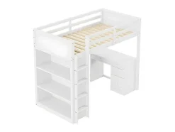 Mezzaninebed 90X200 Cm - Met Opbergmeubel En Bureau - Massief Hout - Wit