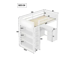 Mezzaninebed 90X200 Cm - Met Opbergmeubel En Bureau - Massief Hout - Wit