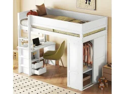Mezzaninebed 90X200Cm - Multifunctioneel Kinderbed - Voorzien Van Kledingkast En Bureau - In Massief Grenen - Wit