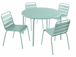 Mirmande Metalen Eettafelset Voor Buiten - Een Tafel D.110 Cm En 4 Stapelbare Stoelen - Amandelgroen
