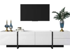 Modern Tv-Meubel 190Cm Met 3 Deuren En 2 Lades - Glanzend Wit & Zwart