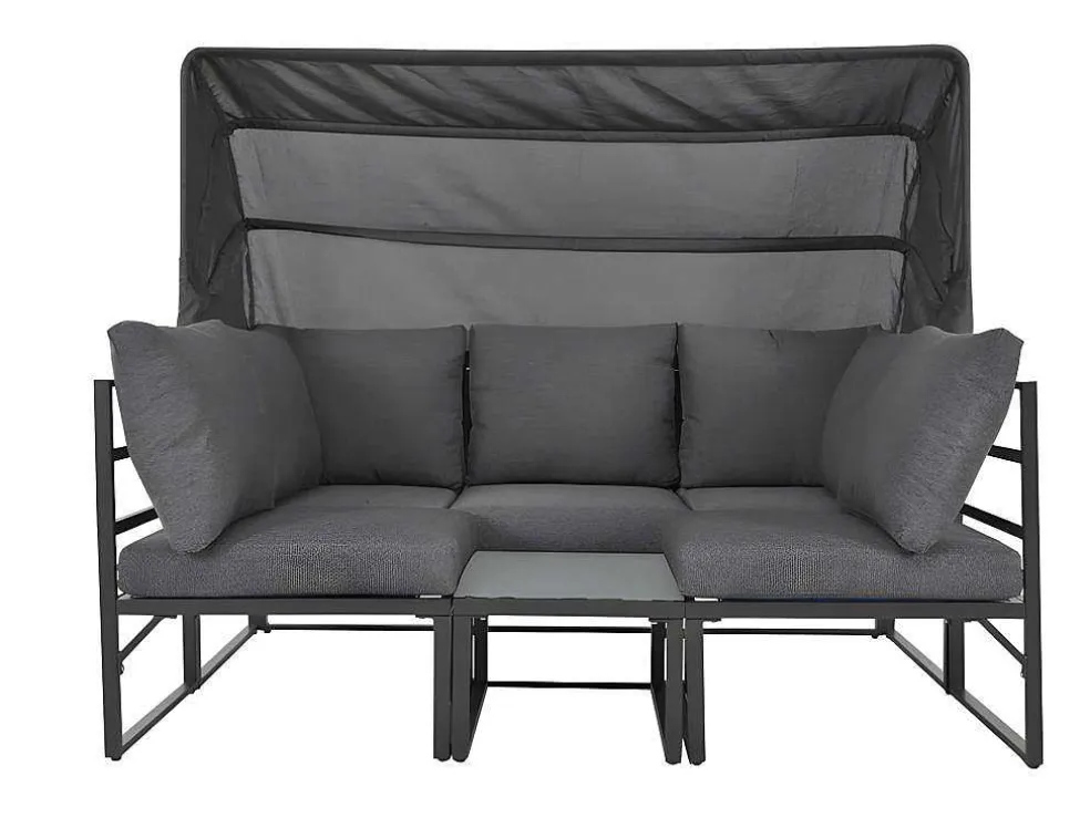 Multifunctioneel Ijzeren Tuinmeubel - Loungebank Met Verstelbare Luifel - 5 Zitplaatsen En 1 Salontafel - Grijs