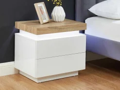 Nachtkastje - 2 Lades - Gelakt Mdf - Met Ledverlichting - Kleur: Wit En Eiken - Halo Ii