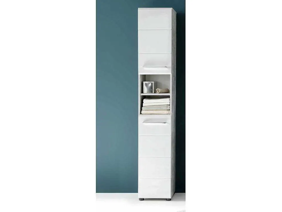 Nanobad Kolomkast Hoog 2 Deuren, 2 Open Vakken Betonsteen Decor, Wit Hoogglans.