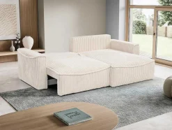 Omkeerbare Hoekslaapbank Van Beige Ribfluweel Met Brede Ribbels Asturio