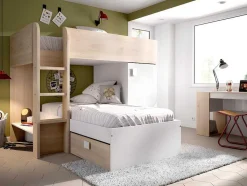 Omkeerbare Hoekstapelbed Ricardo - 2 X 90X190Cm - Opbergruimte - Grijs En Wit + Matras