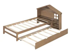 Onderschuifbed Voor Kinderen - 90X200Cm - Hoofdeinde In Huisvorm - Massief Hout - Bruin
