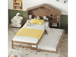 Onderschuifbed Voor Kinderen - 90X200Cm - Hoofdeinde In Huisvorm - Massief Hout - Bruin