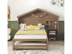 Onderschuifbed Voor Kinderen - 90X200Cm - Hoofdeinde In Huisvorm - Massief Hout - Bruin