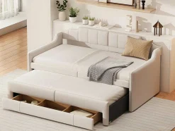 Onderschuifbed 90X200Cm + 90X190Cm - Gestoffeerde Slaapbank Met Lades - Katoenlinnenstof - Beige