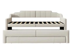 Onderschuifbed 90X200Cm + 90X190Cm - Gestoffeerde Slaapbank Met Lades - Katoenlinnenstof - Beige