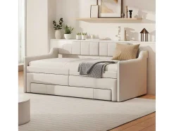 Onderschuifbed 90X200Cm + 90X190Cm - Gestoffeerde Slaapbank Met Lades - Katoenlinnenstof - Beige