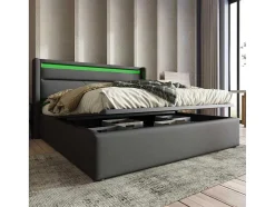 Opbergbed 140X200Cm In Kunstleer Met Led + Lattenbodem - Grijs