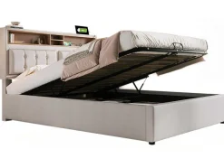 Opbergbed 160X200Cm In Linnenstof Met Usb-Poort - Verstelbaar Hoofdeinde En Lattenbodem - Beige