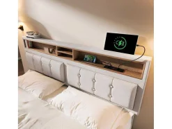 Opbergbed 160X200Cm In Linnenstof Met Usb-Poort - Verstelbaar Hoofdeinde En Lattenbodem - Beige