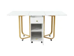 Opklapbare Eettafel Op Wielen - Met Opbergruimte - Wit & Goud