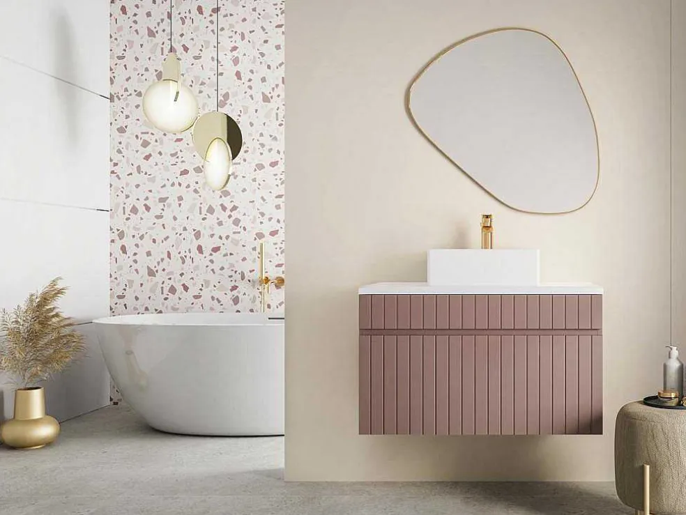 Roze Hangmeubel Met Strepen Voor Onder Wastafel Met Plank - 80 Cm - Satara